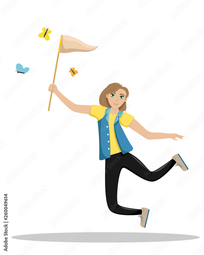 Happy woman jumping with a net in his hands. Girl catches butterflies. Summer fun. Isolated vector illustration. Happy woman jumping with a net in his hands. Girl catches butterflies. Summer fun. Isolated vector illustration.