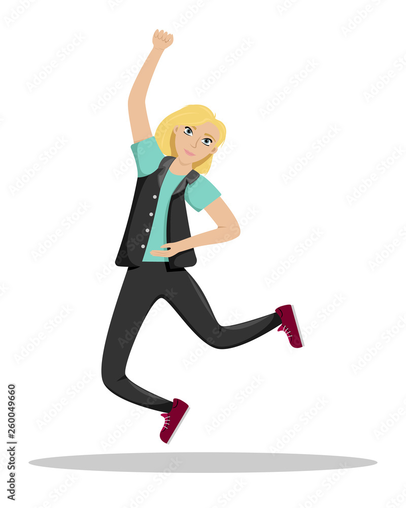 The woman jumps joyful. The girl win. Success. Isolated vector illustration.