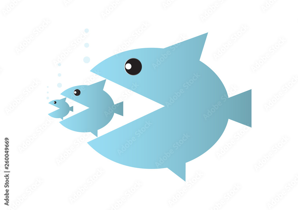 Big fish eats small fish, food chain or takeover business concept vector illustration Big fish eats small fish, food chain or takeover business concept vector illustration