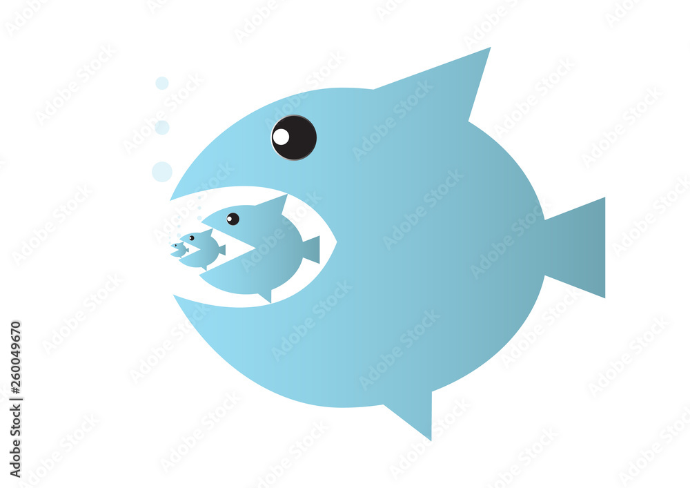 Big fish eats small fish, food chain or takeover business concept vector illustration Big fish eats small fish, food chain or takeover business concept vector illustration