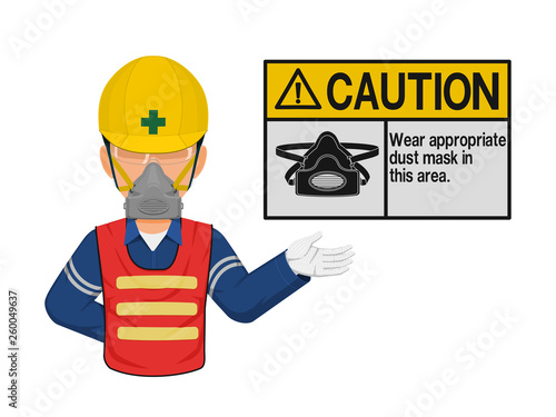 A worker with dust mask is presenting dust mask warming sign