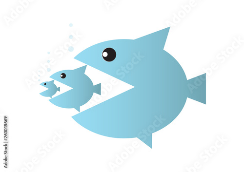Big fish eats small fish, food chain or takeover business concept vector illustration