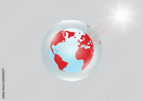 Earth trapped in transparent glass greenhouse with strong sunlight, environmental greenhouse effect concept vector illustration