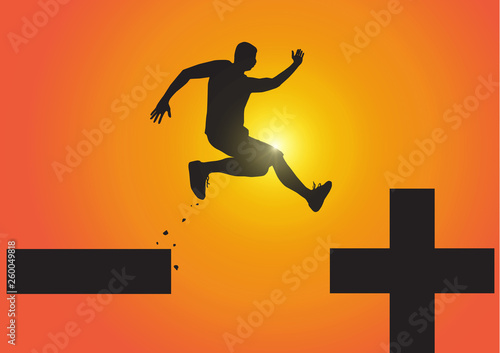 Silhouette of man jumping from minus sign to plus sign on golden sunrise background, pessimistic to optimistic concept vector illustration