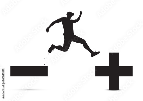 Black and white of man jumping from minus sign to plus sign, pessimistic to optimistic concept vector illustration
