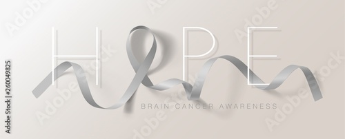 Brain Cancer Awareness Calligraphy Poster Design. Hope Realistic Grey Ribbon. May is Cancer Awareness Month. Vector