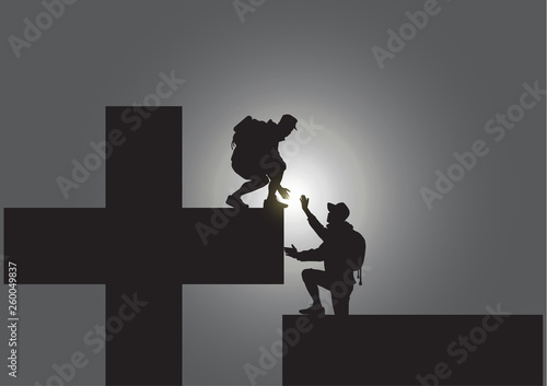 Silhouette of two people climbing from minus sign to plus sign, helping hand and assistance concept vector illustration