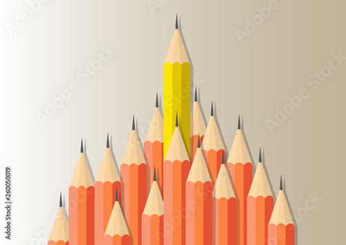 Yellow pencil standing out from orange pencils, leadership,difference and stand out from the crowd  business concept vector illustration