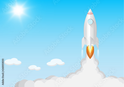 Fototapeta Naklejka Na Ścianę i Meble -  Rocket launch on blue sky background with sunlight, business start up new project concept vector illustration