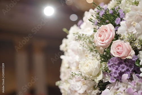 Close up shot of bridal bouquet in the ballroom
