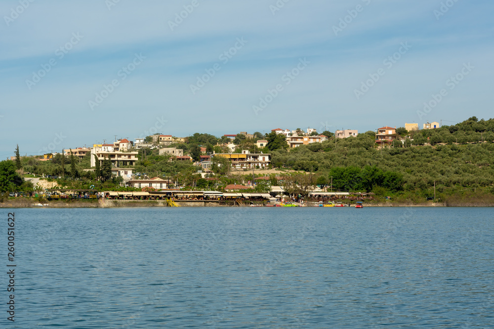 Village Kournas, view from the Lake Kournas. Crete island, Greece Village Kournas, view from the Lake Kournas. Crete island, Greece