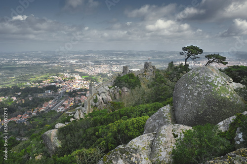 View of the valley and city of Sintra in Portugal, from the hill and the fortress wall of the ancient castle of the Moors