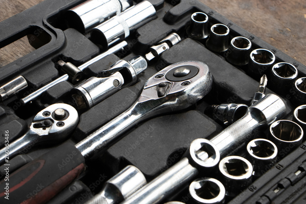 various wrench and screwdriver head kit toolbox.group of construction instrument tool in repairing workshop various wrench and screwdriver head kit toolbox.group of construction instrument tool in repairing workshop