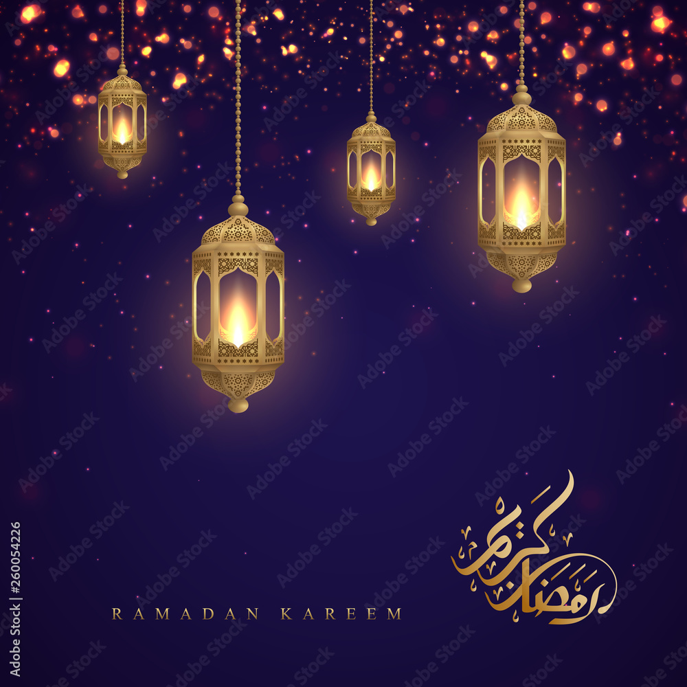 Ramadan kareem background with Arabic Calligraphy and golden lanterns. Greeting card background with a glowing hanging lantern mixed with a flickering glow. Ramadan kareem background with Arabic Calligraphy and golden lanterns. Greeting card background with a glowing hanging lantern mixed with a flickering glow.