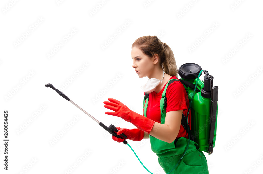 Female pest control contractor isolated on white Female pest control contractor isolated on white