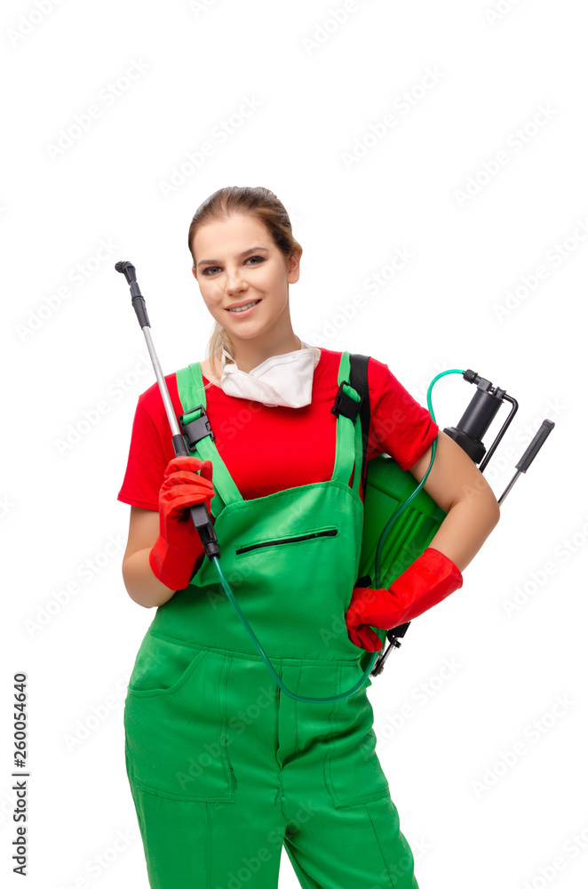 Female pest control contractor isolated on white Female pest control contractor isolated on white