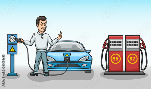 A man refills an electric car at the charging station.