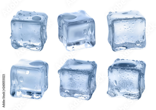 Set of crystal clear ice cubes on white background