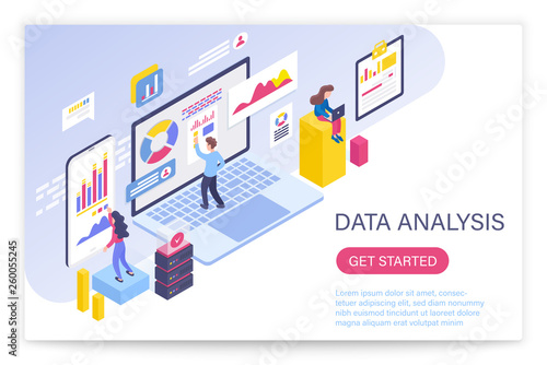 Data analysis process, big data concept 3d isometric vector illustration. People interacting with virtual screen charts and analyzing statistics.