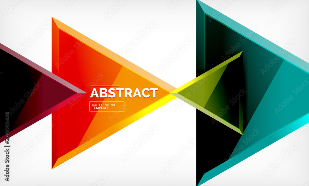 Triangles repetiton geometric abstract background, multicolored glossy triangular shapes, hi-tech poster cover design or web presentation template with copy space Triangles repetiton geometric abstract background, multicolored glossy triangular shapes, hi-tech poster cover design or web presentation template with copy space