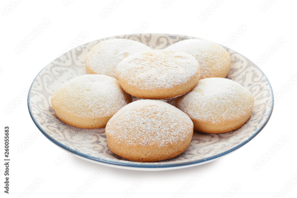 Plate with cookies for Islamic holidays isolated on white. Eid Mubarak