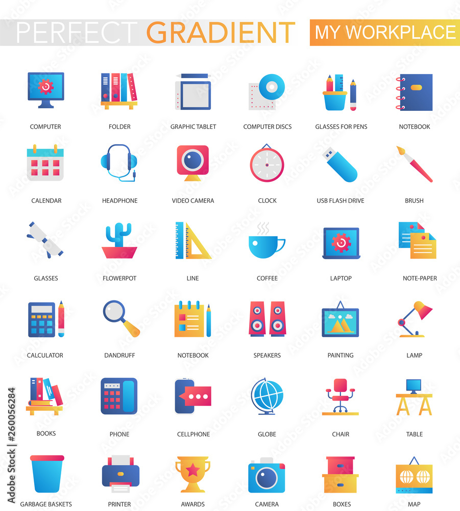 Vector set of trendy flat gradient my workspace or workspace icons.