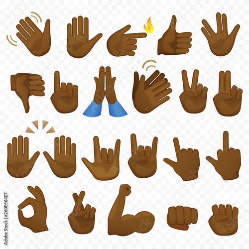 Set of african american or brazilian black hands icons and symbols. Emoji hand icons. Different cartoon gestures, hands, signals and signs set vector illustration.