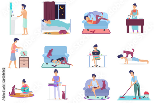 Daily life, everyday routine scenes of young man. Playing on guitar with dog, watching TV, working on laptop, sleeping, cleaning room, cooking, washing clothes, doing exercises vector illustration.