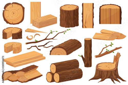 Wood industry raw materials. Realistic production samples collection. Tree trunk, logs, trunks, woodwork planks, stumps, lumber branch, twigs cartoon vector illustration.