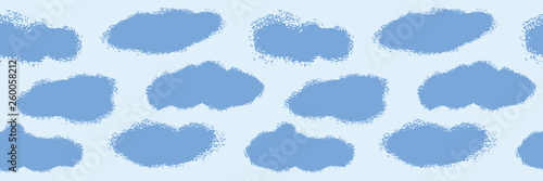 Hand drawn blue cloud vector illustration. Seamless repeating border pattern. Silhouette on sky background. Sketchy creative art. Cloudy ribbon trim, kid baby fashion edging, weather forecast banner