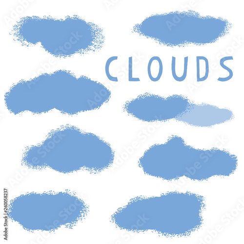 Hand drawn blue cloud vector illustration.  Fluffy texture silhouette collection with text. Sketchy creative cloudy art. Computer web button, kids science stickers, weather forecast clip art elements.