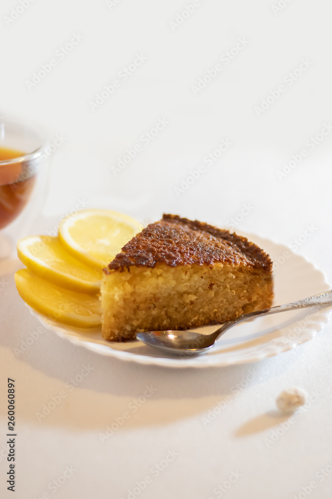 homemade lemon pie on white background flavored tea homemade lemon pie on white background flavored tea