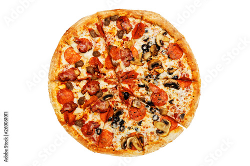 Closeup pizza with pepperoni and mushrooms isolated on white.