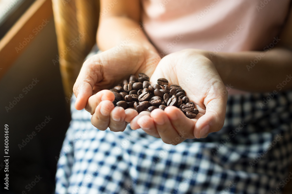 Female holding coffee beans in hand. Female holding coffee beans in hand.