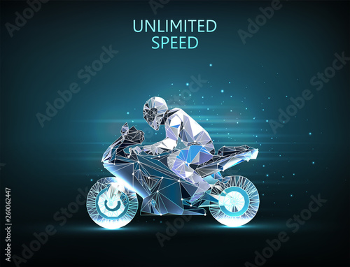 High speed concept. Motorcycle and racer. Polygonal wireframe mesh on blue night sky with dots, stars and looks like constellation. Illustration or background. Sport vector wireframe concept