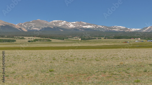 panoramic view of snow covered Mosquito Range in Rocky Mountains from Fairplay, Park County, Colorado