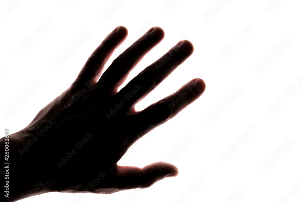 Male hand. Silhouette. White background. Copyspace. Male hand. Silhouette. White background. Copyspace.