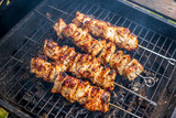 Traditional shashlik cooking on a grill isolated