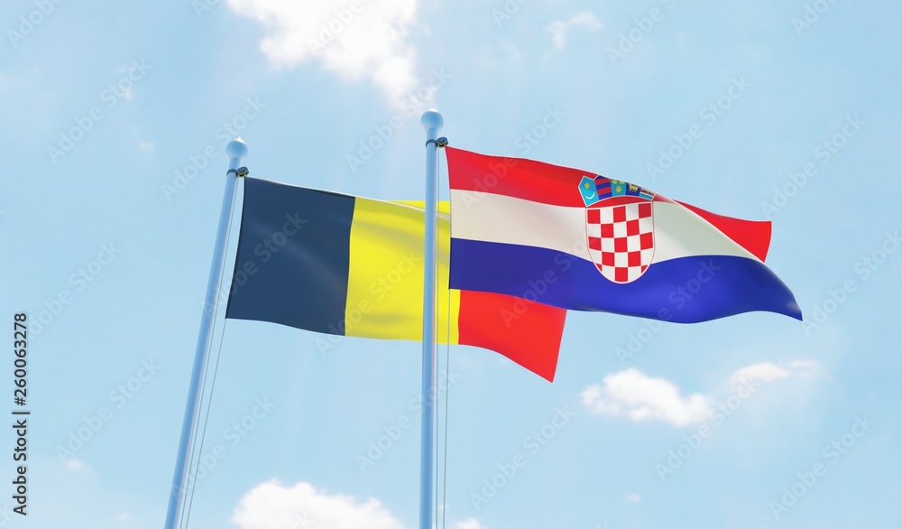 Croatia and Belgium, two flags waving against blue sky. 3d image