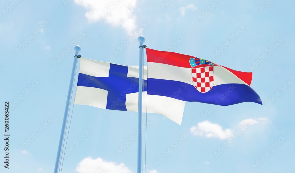 Croatia and Finland, two flags waving against blue sky. 3d image