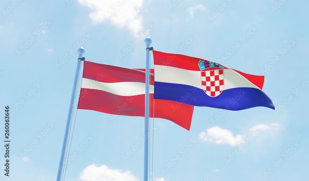 Croatia and Latvia, two flags waving against blue sky. 3d image Croatia and Latvia, two flags waving against blue sky. 3d image