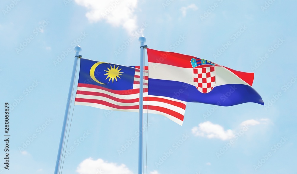 Croatia and Malaysia, two flags waving against blue sky. 3d image Croatia and Malaysia, two flags waving against blue sky. 3d image