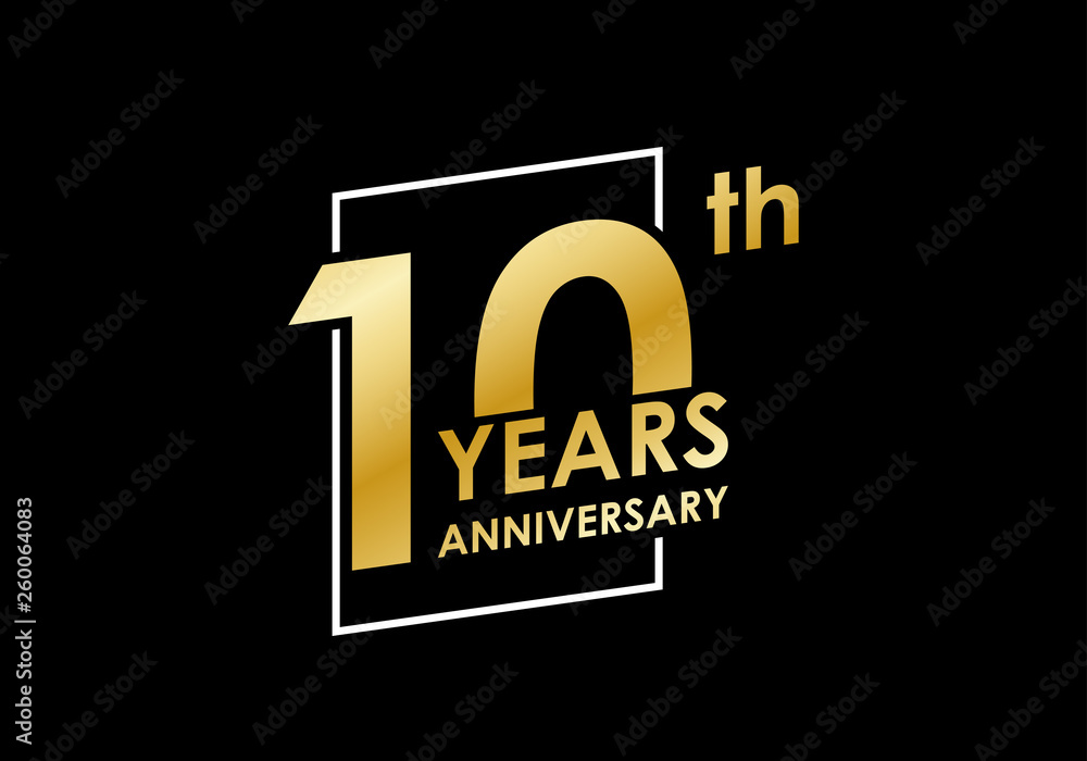 10 years Anniversary logo. 10th Birthday golden badge. Modern icon or label design for wedding, corporate invitation, celebrating, party, business event. Vector illustration. 10 years Anniversary logo. 10th Birthday golden badge. Modern icon or label design for wedding, corporate invitation, celebrating, party, business event. Vector illustration.