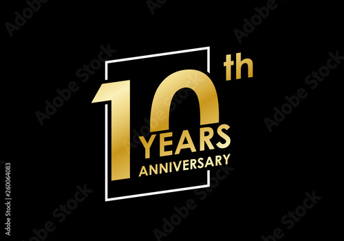 10 years Anniversary logo. 10th Birthday golden badge. Modern icon or label design for wedding, corporate invitation, celebrating, party, business event. Vector illustration.