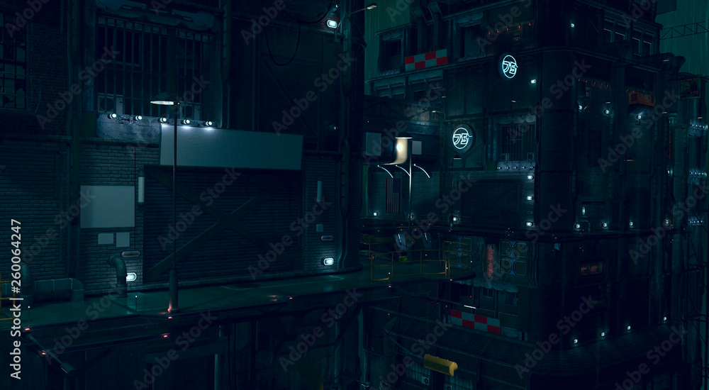3d Rendering Of A Futuristic Cityscape Gloomy Urban Landscape Dark Night Scene Modern Cyberpunk Wallpaper Illustration With High Attention To Detail And Empty Space To Add Your Content Stock イラスト Adobe