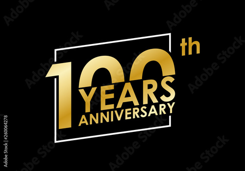 100 years Anniversary logo. 100th Birthday golden badge. Modern icon or label design for wedding, corporate invitation, celebrating, party, business event. Vector illustration.