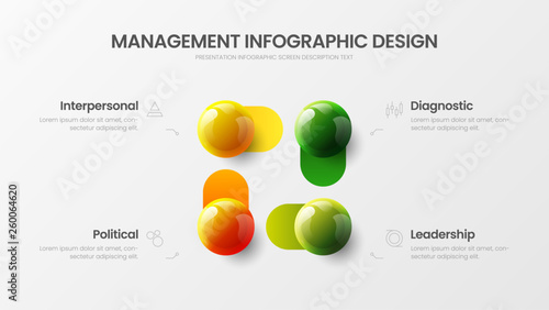Business 4 option infographic presentation vector 3D colorful balls illustration. Corporate marketing analytics data report design layout. Company statistics information graphic visualization template