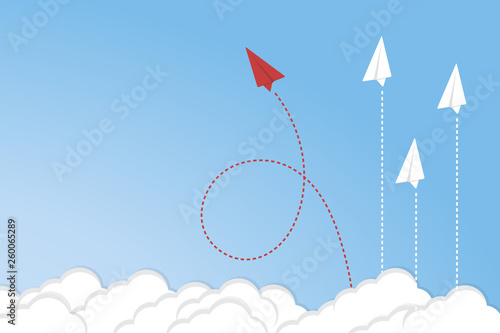 Think differently concept. Red airplane changing direction. Vector illustration	