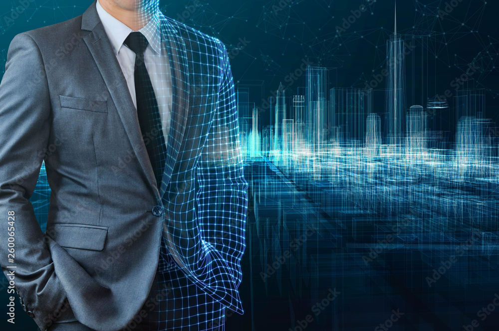 businessman standing with digital cityspace background businessman standing with digital cityspace background