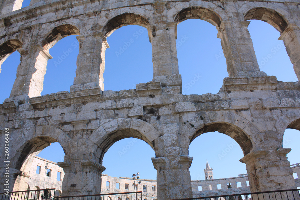 Roman amphitheater Pula. Arena ancient Roman times. Architecture Croatia.